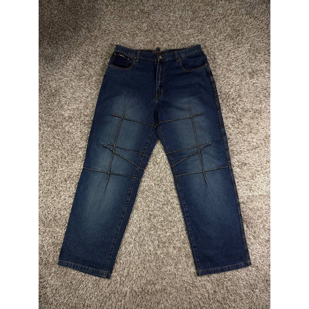 ENYCE Baggy Jeans Y2K Hip Hop Wide Leg Straight Fit Grid Stitch Denim Size 36x33